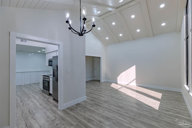 kitchen featuring stainless steel electric stove, light hardwood / wood-style flooring, white cabinets, and high vaulted ceiling