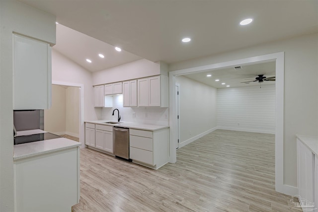 kitchen featuring white cabinetry, sink, ceiling fan, stainless steel dishwasher, and backsplash