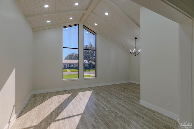 bonus room featuring vaulted ceiling with beams, an inviting chandelier, and light wood-type flooring