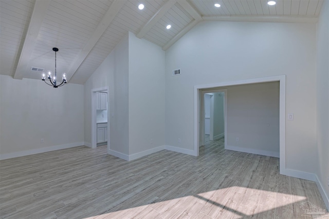 spare room featuring a chandelier, light hardwood / wood-style floors, high vaulted ceiling, and wooden ceiling