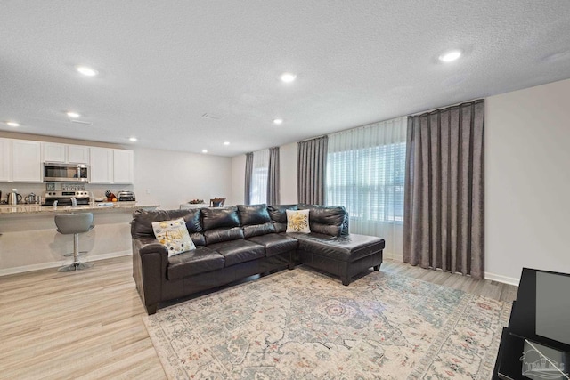 living room featuring a textured ceiling and light hardwood / wood-style flooring