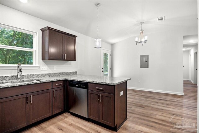 5621 Kingery Rd, Milton, FL 32583 - kitchen with stainless steel dishwasher, a sink, a peninsula, electric panel, and dark brown cabinetry