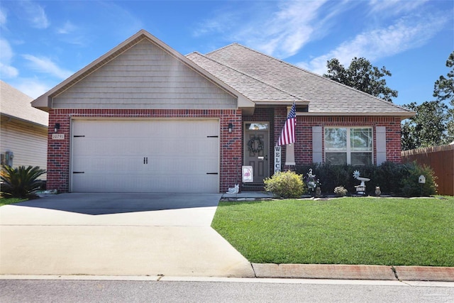 ranch-style home featuring a garage, a front yard, brick siding, and driveway