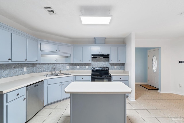 kitchen with sink, a center island, light tile patterned floors, dishwasher, and black range with electric stovetop