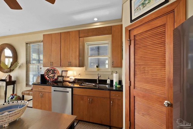 kitchen featuring ceiling fan, crown molding, stainless steel dishwasher, and sink