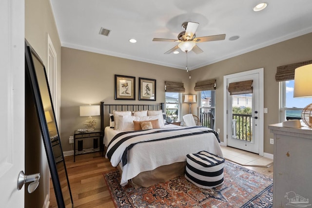 bedroom featuring ceiling fan, access to exterior, ornamental molding, and light hardwood / wood-style flooring