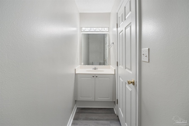 32 Enchanted Way, Santa Rosa Beach, FL 32459 - bathroom with wood finished floors, vanity, baseboards, and a textured wall