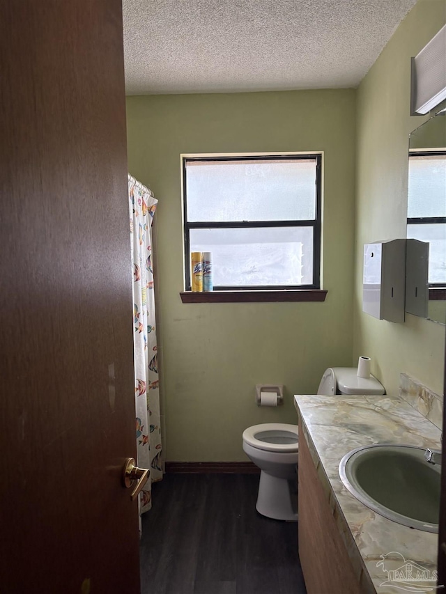 bathroom featuring vanity, toilet, a textured ceiling, and a wealth of natural light