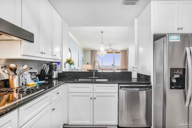 kitchen featuring white cabinetry, appliances with stainless steel finishes, extractor fan, and a sink