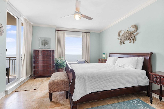 bedroom featuring a ceiling fan, a water view, and crown molding