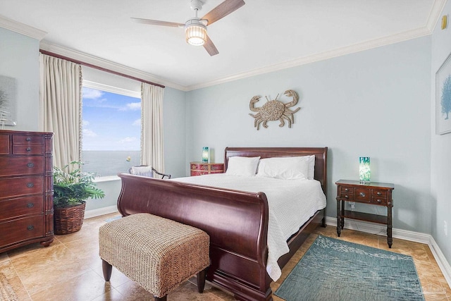 bedroom featuring a water view, a ceiling fan, baseboards, ornamental molding, and tile patterned floors