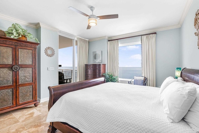 bedroom with a ceiling fan, a water view, crown molding, and baseboards