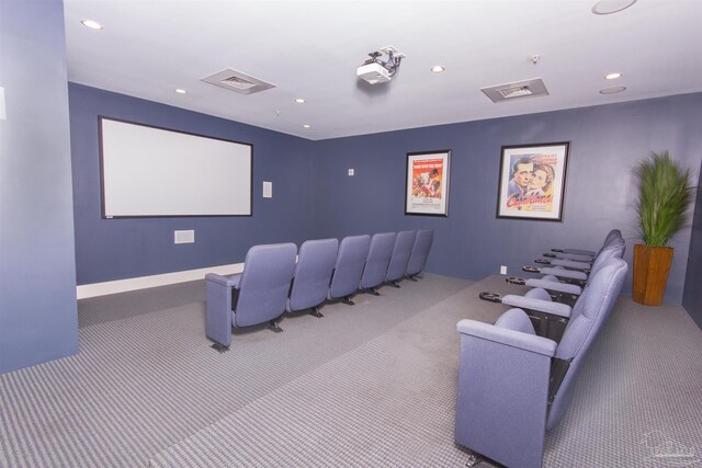 cinema with recessed lighting, baseboards, visible vents, and carpet flooring