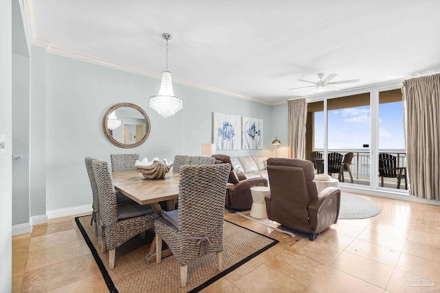 dining room with light tile patterned flooring, baseboards, ornamental molding, and ceiling fan with notable chandelier