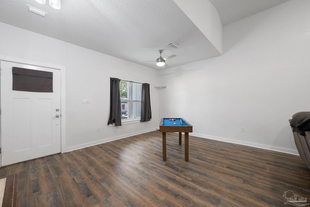 entrance foyer featuring ceiling fan, visible vents, baseboards, and dark wood finished floors