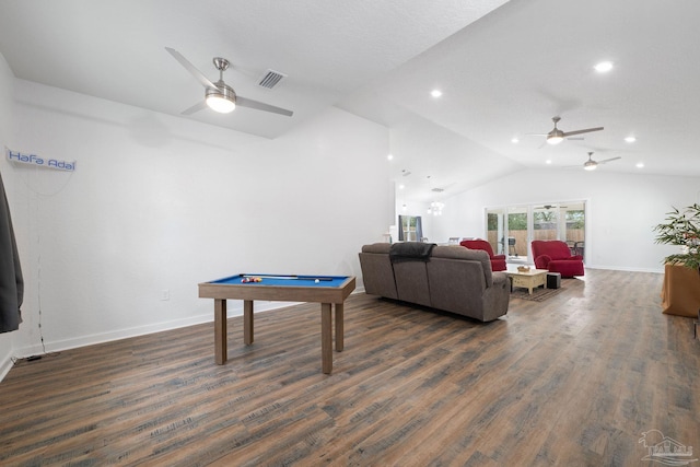 playroom with visible vents, lofted ceiling, billiards, baseboards, and dark wood-style flooring