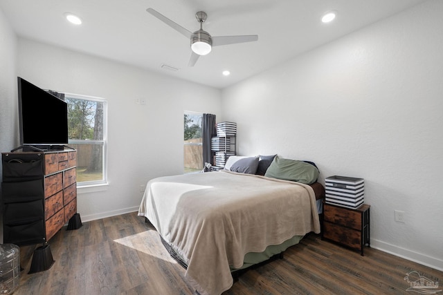 bedroom with baseboards, multiple windows, and dark wood-type flooring