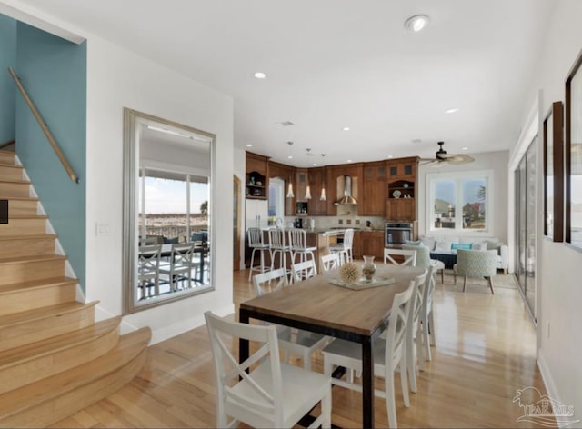 dining room with ceiling fan and light hardwood / wood-style floors