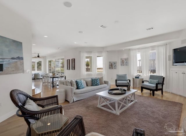 living room featuring plenty of natural light and light hardwood / wood-style floors