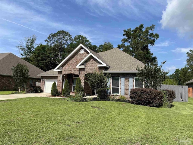 view of front of property featuring a garage and a front lawn