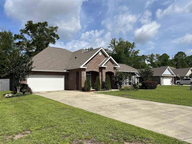 view of front of home with a garage and a front lawn