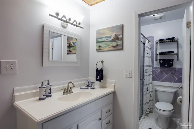 bathroom with vanity, tile patterned floors, crown molding, toilet, and walk in shower