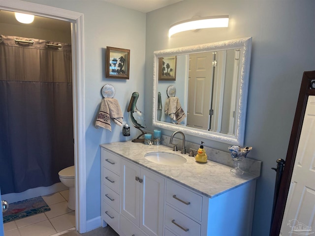 bathroom featuring toilet, walk in shower, vanity, and tile patterned floors