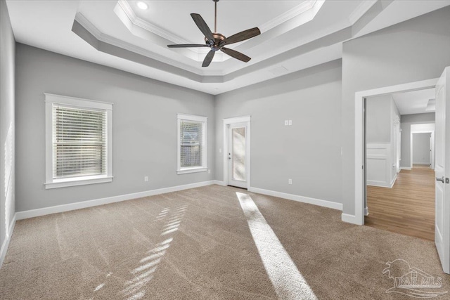 carpeted spare room with a raised ceiling, ceiling fan, and crown molding