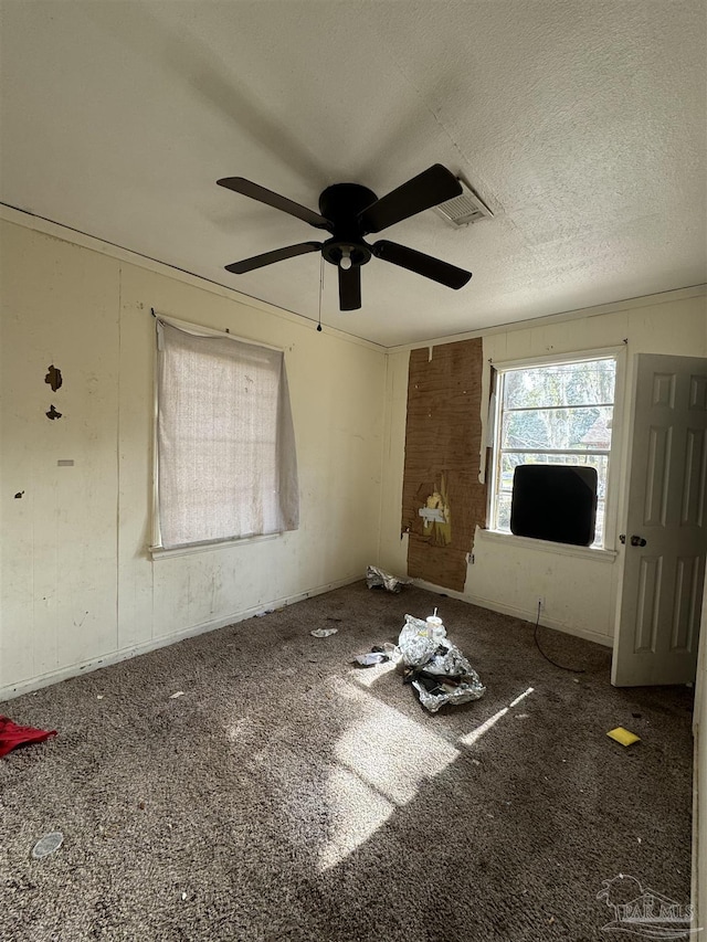 5233 Admiral Halsey Rd, Milton, FL 32583 - unfurnished living room with ceiling fan, carpet, a textured ceiling, and wood walls