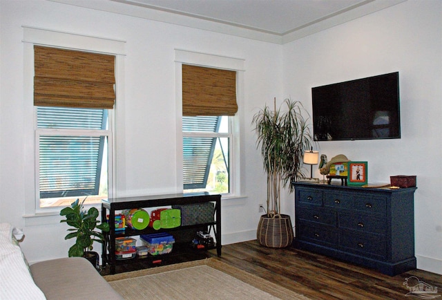 bedroom with baseboards and wood finished floors