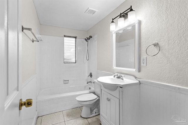 bathroom featuring visible vents, wainscoting, toilet, tile patterned flooring, and vanity