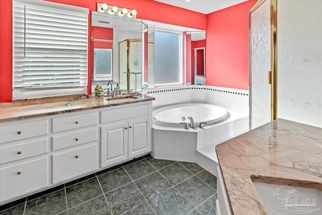 1280 Mahogany Mill Rd, Pensacola, FL 32507 - bathroom featuring a shower stall, a bath, vanity, and tile patterned floors