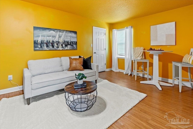 living room with a textured ceiling and hardwood / wood-style flooring