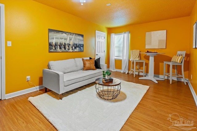 living room with wood-type flooring and a textured ceiling