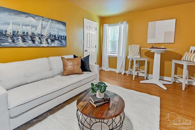 living room with hardwood / wood-style floors and a textured ceiling