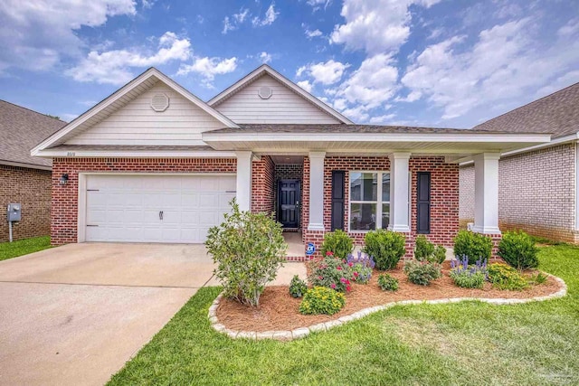 8018 Burnside Loop, Pensacola, FL 32526 - view of front of home featuring brick siding, covered porch, driveway, an attached garage, and roof with shingles