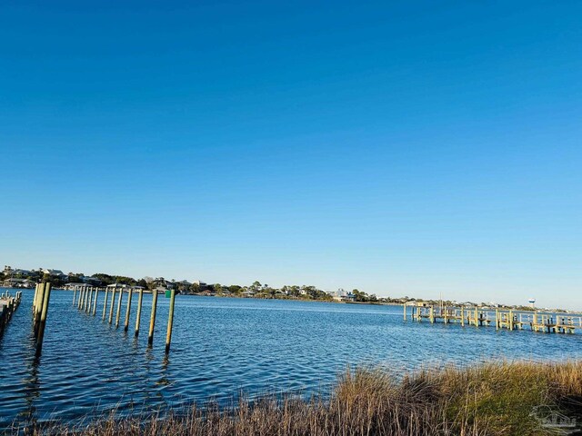 view of water feature with a dock