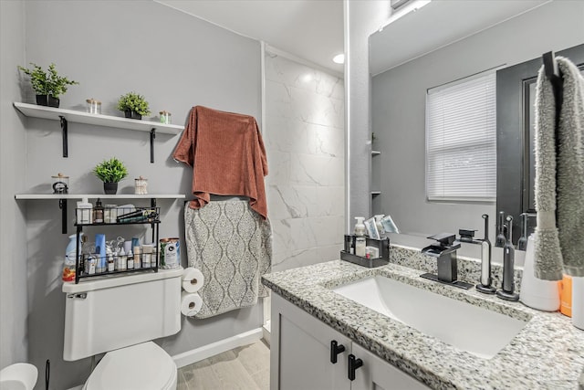 bathroom featuring hardwood / wood-style flooring, vanity, and toilet