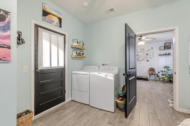 clothes washing area with ceiling fan and washing machine and dryer