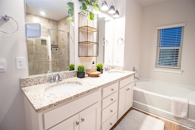 bathroom with a shower stall, a bath, double vanity, and a sink