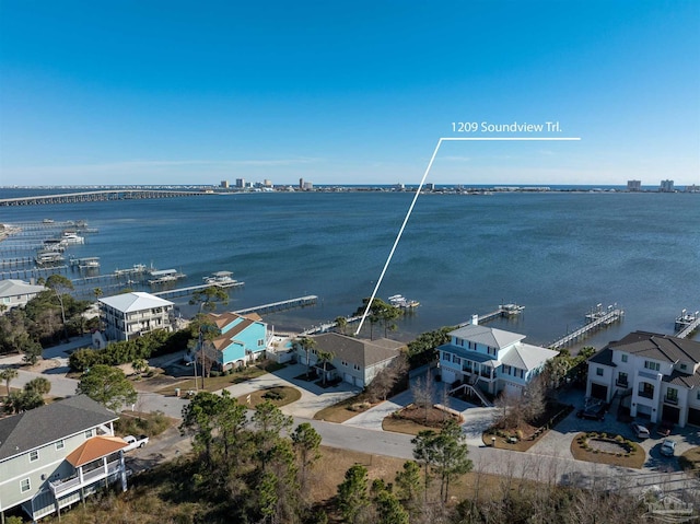 aerial view featuring a water view