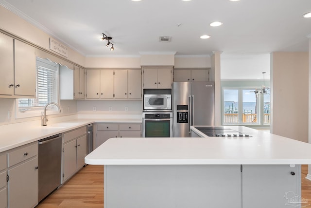 kitchen with gray cabinetry, sink, a kitchen island, and appliances with stainless steel finishes