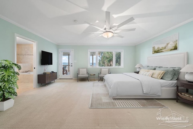 bedroom with ensuite bath, ornamental molding, light colored carpet, and ceiling fan