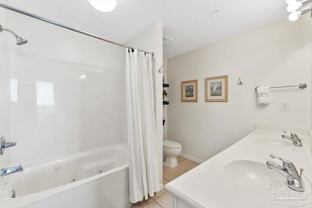 full bathroom with sink, shower / tub combo, a textured ceiling, tile patterned floors, and toilet