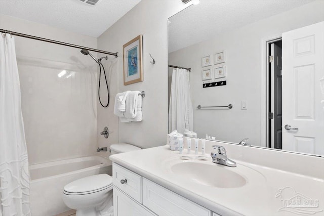 full bathroom with vanity, shower / bath combination with curtain, a textured ceiling, and toilet