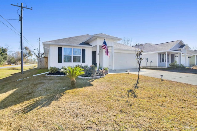 ranch-style house with a garage and a front yard