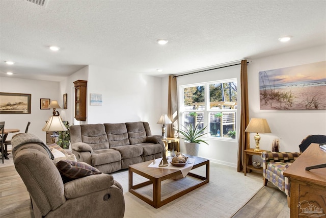 living room featuring a textured ceiling and light hardwood / wood-style flooring