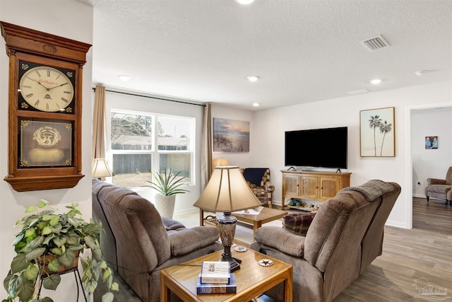 living room with a textured ceiling and light hardwood / wood-style flooring