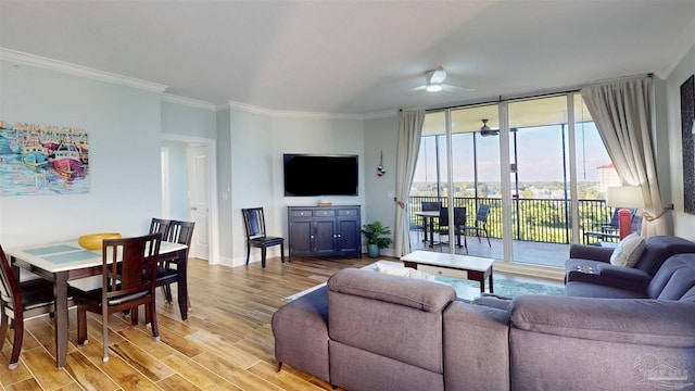 living area featuring ceiling fan, crown molding, baseboards, light wood-style flooring, and expansive windows