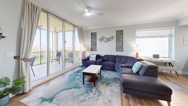living area with a ceiling fan, plenty of natural light, crown molding, and wood finished floors